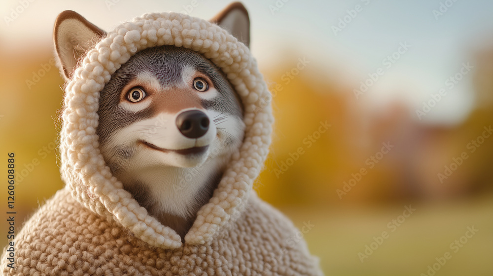 wolf wearing cozy sheep costume smiles warmly in serene outdoor setting. soft texture of costume contrasts with vibrant background, creating whimsical and cheerful atmosphere wolf wearing cozy sheep costume smiles warmly in serene outdoor setting. soft texture of costume contrasts with vibrant background, creating whimsical and cheerful atmosphere