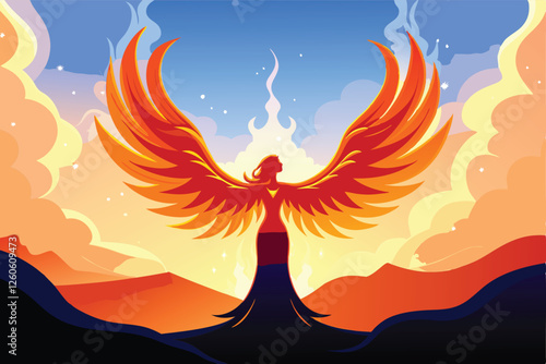 A stylized phoenix, vibrant and fiery, ascends, its wings encompassing a graceful woman's form; intricate details, mythical, powerful.