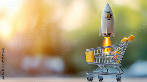 cartoon rocket is flying out of shopping cart, symbolizing creativity and innovation. vibrant colors and dynamic motion evoke sense of excitement and adventure