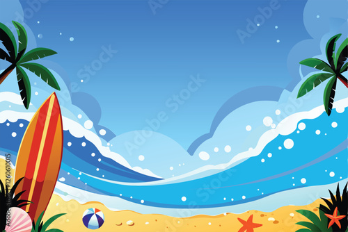 Create a vibrant vector background featuring dynamic surfing waves, multiple surfboards, and a sunny beach setting.  Aim for a dynamic, energetic style.