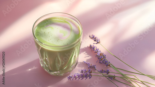 Glass with green beverage and lavender flowers on a pink surface in the sunlight creating shadows
