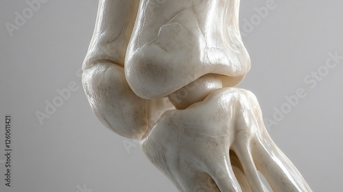 Close-up of ankle bones, anatomical detail, medical illustration, grey background, education photo