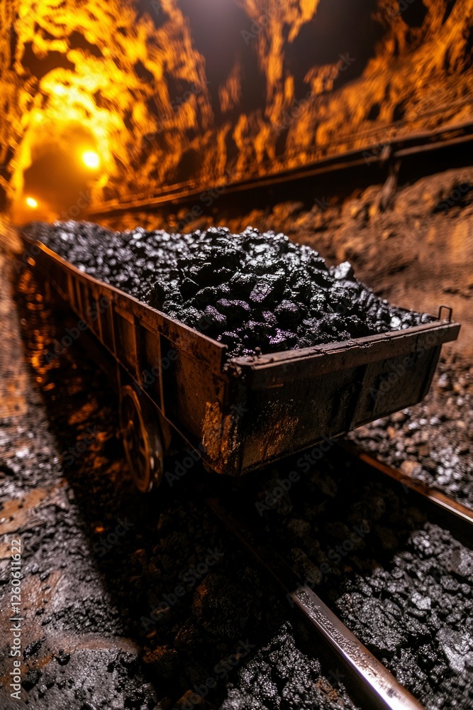 Coal cart in a mine tunnel. Coal mine for energy, industry and heating use Coal cart in a mine tunnel. Coal mine for energy, industry and heating use