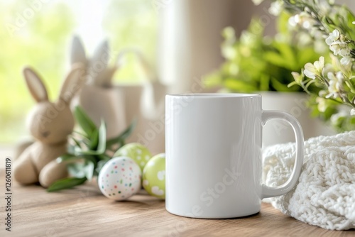 Wallpaper Mural Mockup of white ceramic mug on wooden surface with easter decor. Torontodigital.ca