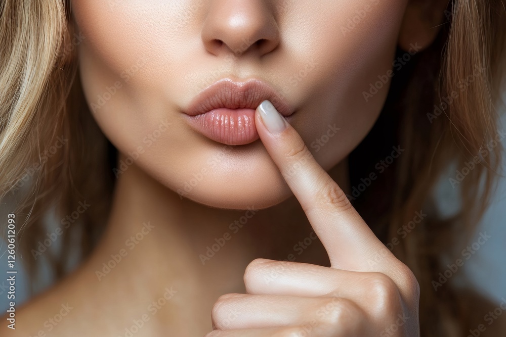Beautiful woman touching her lips gently with a finger Beautiful woman touching her lips gently with a finger