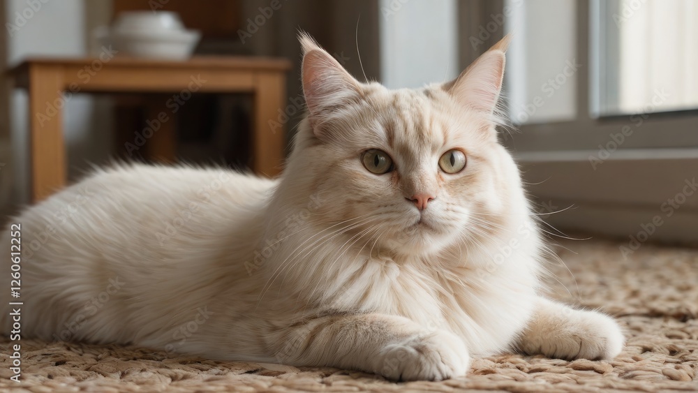 Cream british longhair cat laying on the floor indoor Cream british longhair cat laying on the floor indoor