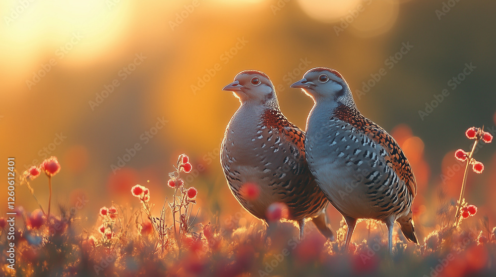 Obraz premium Two partridges stand in golden autumn grass