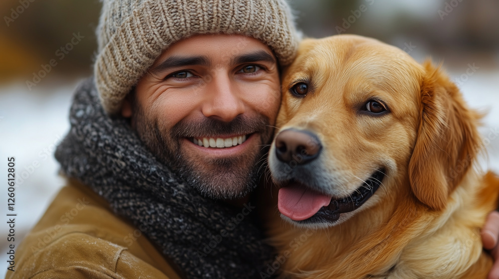 Man with Golden Retriever in Winter Man with Golden Retriever in Winter