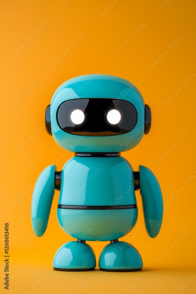 Cheerful blue robot toy character smiling against vibrant yellow background, showcasing whimsical personality and playful expression for children's design projects and creative storytelling Cheerful blue robot toy character smiling against vibrant yellow background, showcasing whimsical personality and playful expression for children's design projects and creative storytelling
