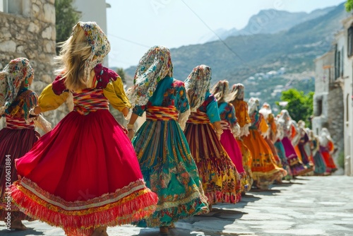 Fototapeta Naklejka Na Ścianę i Meble -  Greek dancers wearing traditional colorful costumes performing in a mountain village