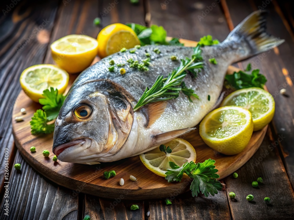 Delicious Gilthead Bream with Lemon & Greens on Dark Wood Table - Tilt-Shift Photography Delicious Gilthead Bream with Lemon & Greens on Dark Wood Table - Tilt-Shift Photography