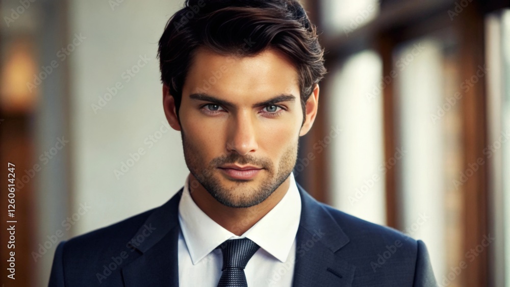 a handsome young man in a suit and tie looks directly at the camera with an intense gaze. He is wearing a white shirt, a dark tie and a dark suit jacket. His hair is dark and styled. a handsome young man in a suit and tie looks directly at the camera with an intense gaze. He is wearing a white shirt, a dark tie and a dark suit jacket. His hair is dark and styled.