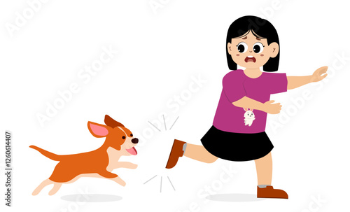 little kid chased by dog. Cute little kid running scared chased by barking dog