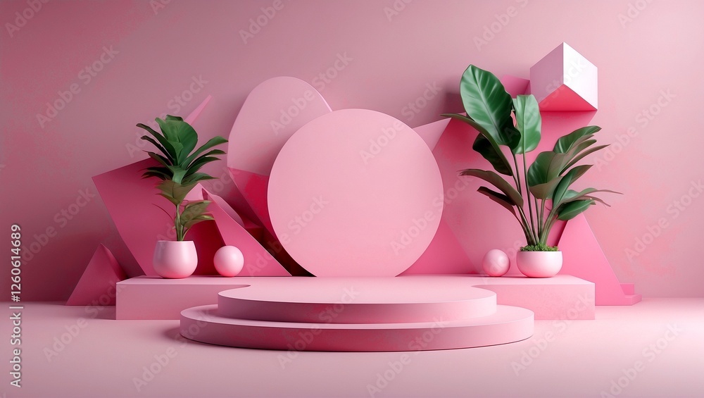 Minimalist pink summer scene with podium and geometric shapes Minimalist pink summer scene with podium and geometric shapes