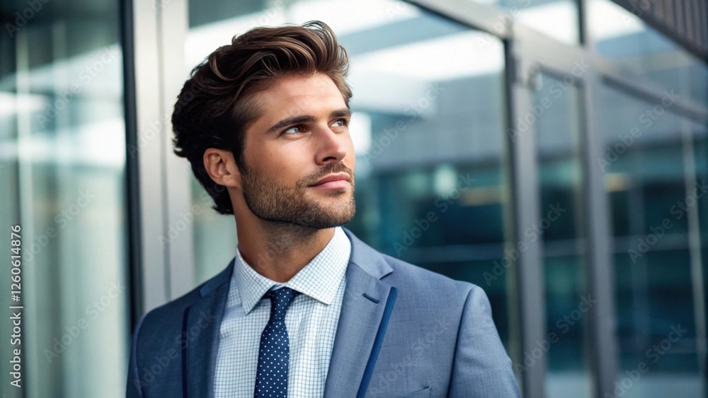 Fototapeta premium a handsome businessman gazing confidently into the distance, wearing a stylish suit. His expression suggests ambition and determination as he looks ahead with purpose