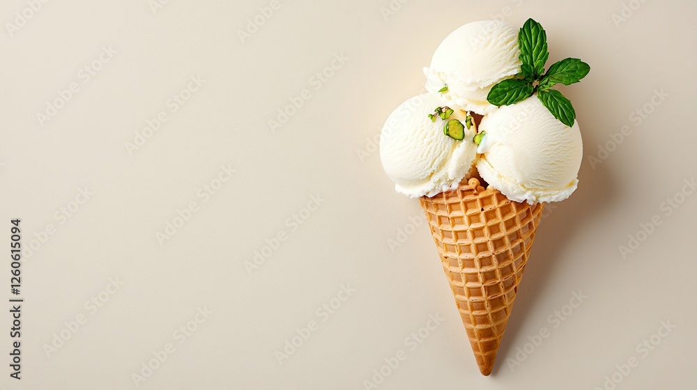 Delicious Vanilla Ice Cream Scoops in a Waffle Cone with Fresh Mint Leaves on a Light Background Delicious Vanilla Ice Cream Scoops in a Waffle Cone with Fresh Mint Leaves on a Light Background