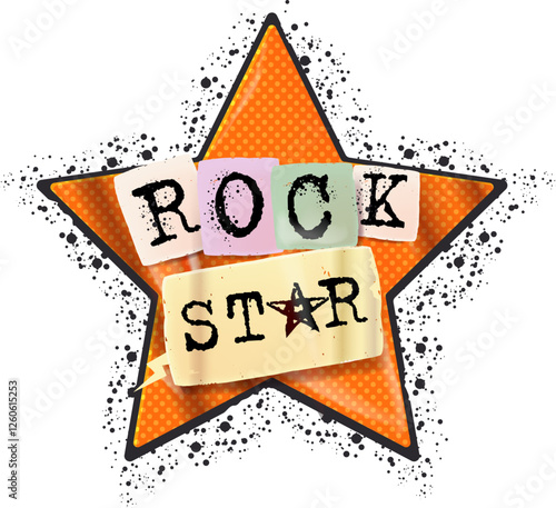 Rock star vector print for t shirt with slogan. Retro halftone paper star and rock star label png stickers for collage and t shirt print. Rockstar sign, symbol and icon
