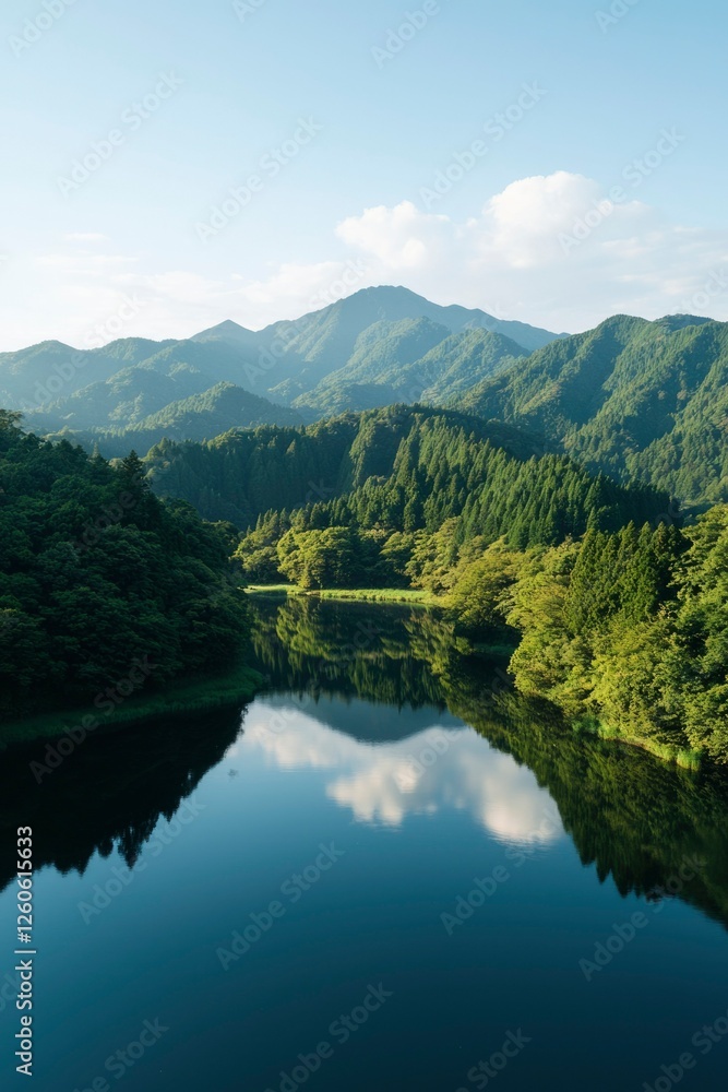 Calm lake reflects mountains and trees, sunny day. Nature stock photography