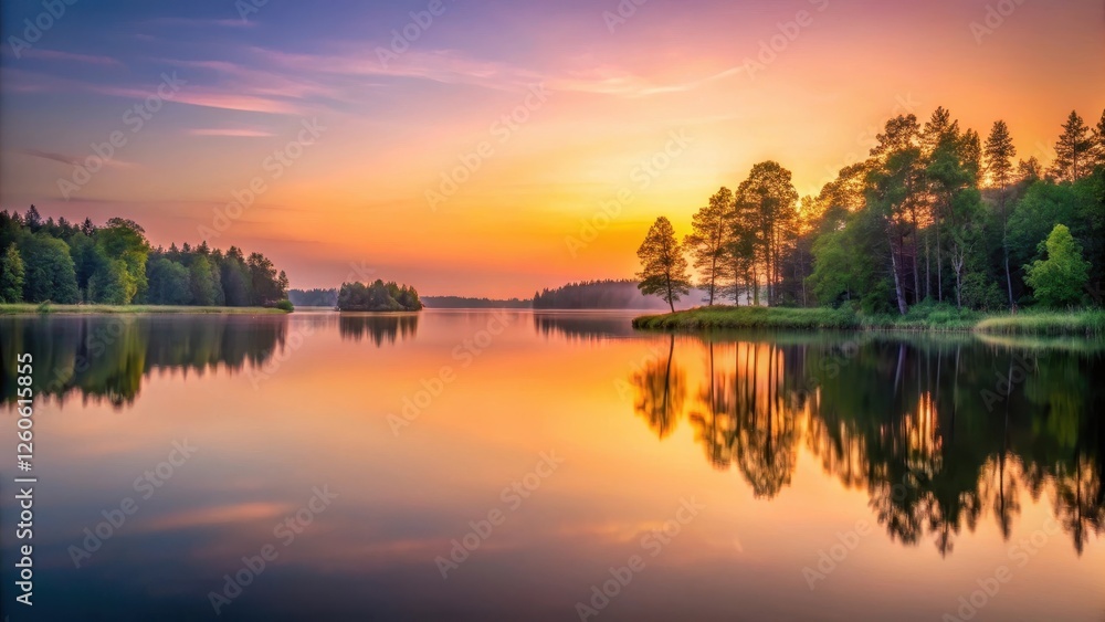 Obraz premium Soft pastel hues blend into a warm sunset gradient on a serene lake at dusk with trees in the background, peaceful scene, nature
