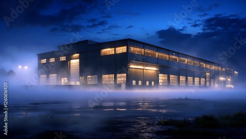 Modern industrial warehouse illuminated by night mist