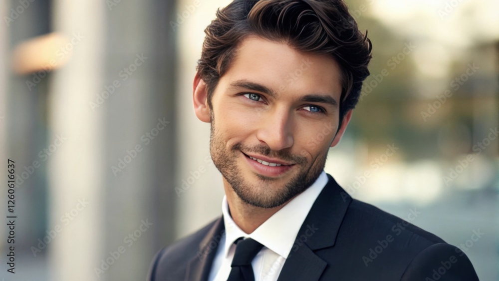 a handsome young man in a business suit, with a charming smile. he has styled brown hair, blue eyes, and a neatly trimmed beard. a handsome young man in a business suit, with a charming smile. he has styled brown hair, blue eyes, and a neatly trimmed beard.
