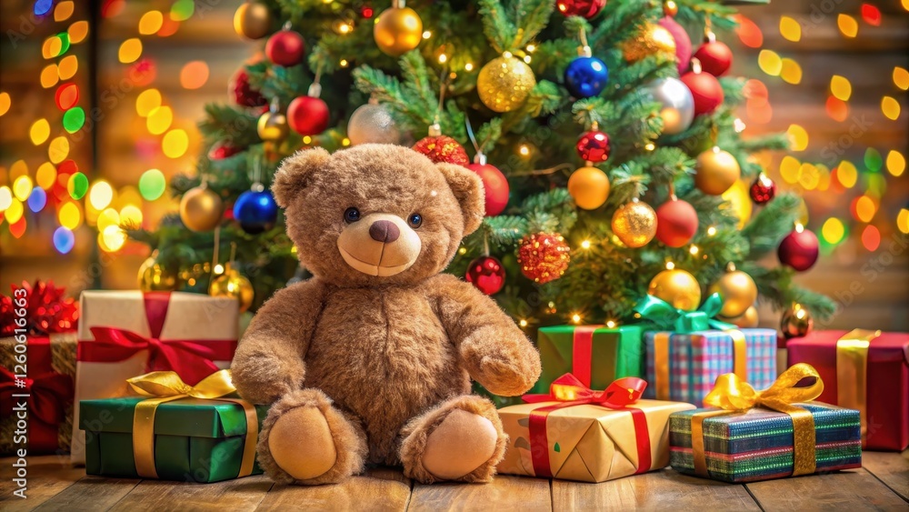 Cuddly teddy bear surrounded by colorful gifts and a Christmas tree in the background, toys, festive, toys Cuddly teddy bear surrounded by colorful gifts and a Christmas tree in the background, toys, festive, toys