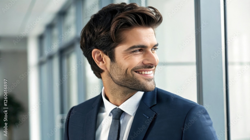 a confident businessman with a charming smile, looking out a window. He is dressed in a sharp suit, representing success and leadership a confident businessman with a charming smile, looking out a window. He is dressed in a sharp suit, representing success and leadership