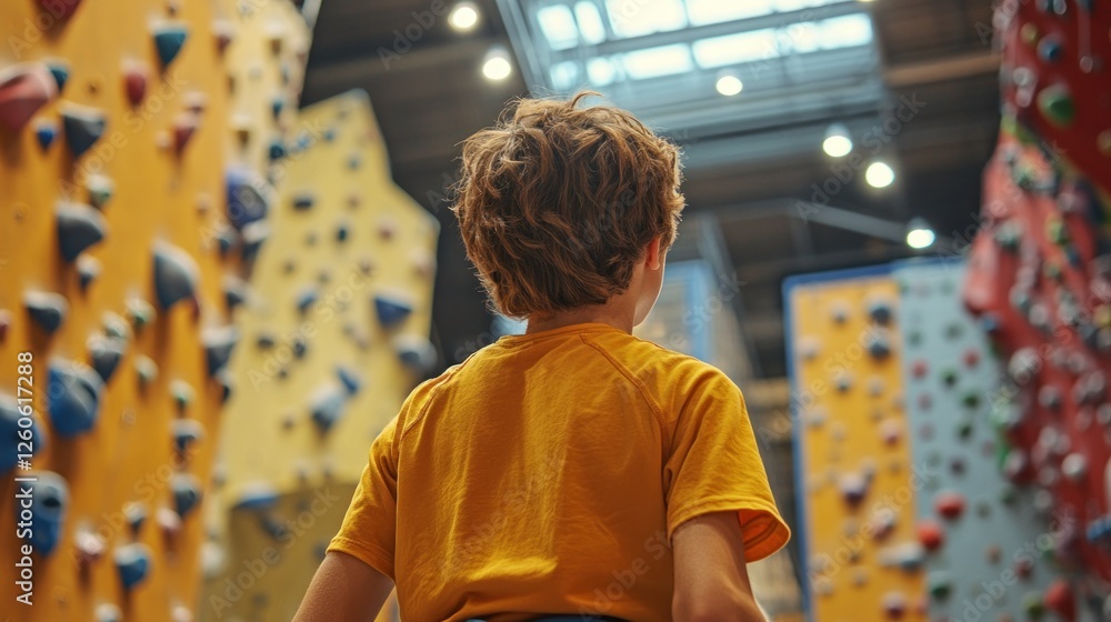 Young Climber Contemplates the Challenge at Indoor Climbing Gym Young Climber Contemplates the Challenge at Indoor Climbing Gym