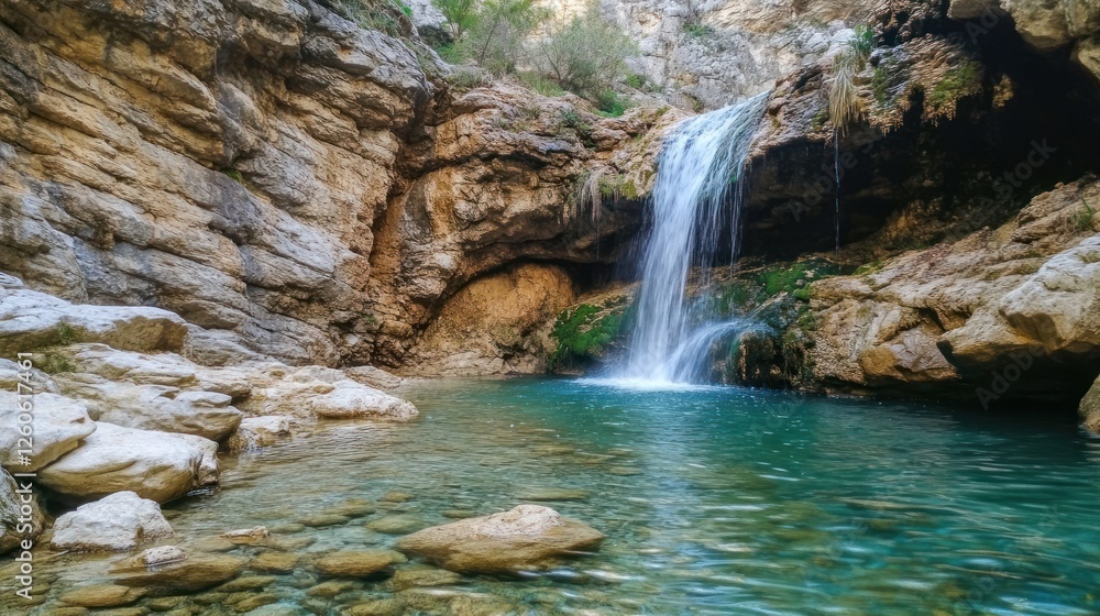 Fototapeta premium Waterfall cascading into turquoise pool, rocky canyon, sunlight