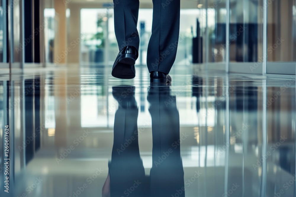 A professional man in a business suit walking confidently in a modern office space with reflective flooring highlighting his determined demeanor and corporate style A professional man in a business suit walking confidently in a modern office space with reflective flooring highlighting his determined demeanor and corporate style