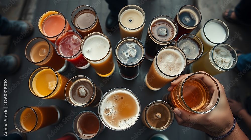 Many glasses of drinks. Juice beer and tea Many glasses of drinks. Juice beer and tea