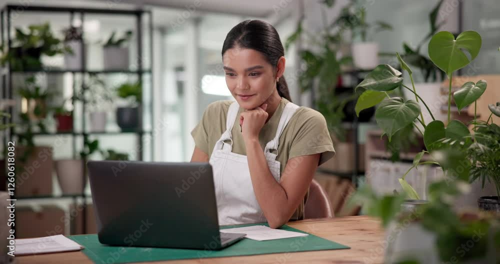 Laptop, plant and research with woman in office for inventory management, botany checklist and sustainable business. Eco friendly startup, retail and writing with person for bookkeeping and stock Laptop, plant and research with woman in office for inventory management, botany checklist and sustainable business. Eco friendly startup, retail and writing with person for bookkeeping and stock