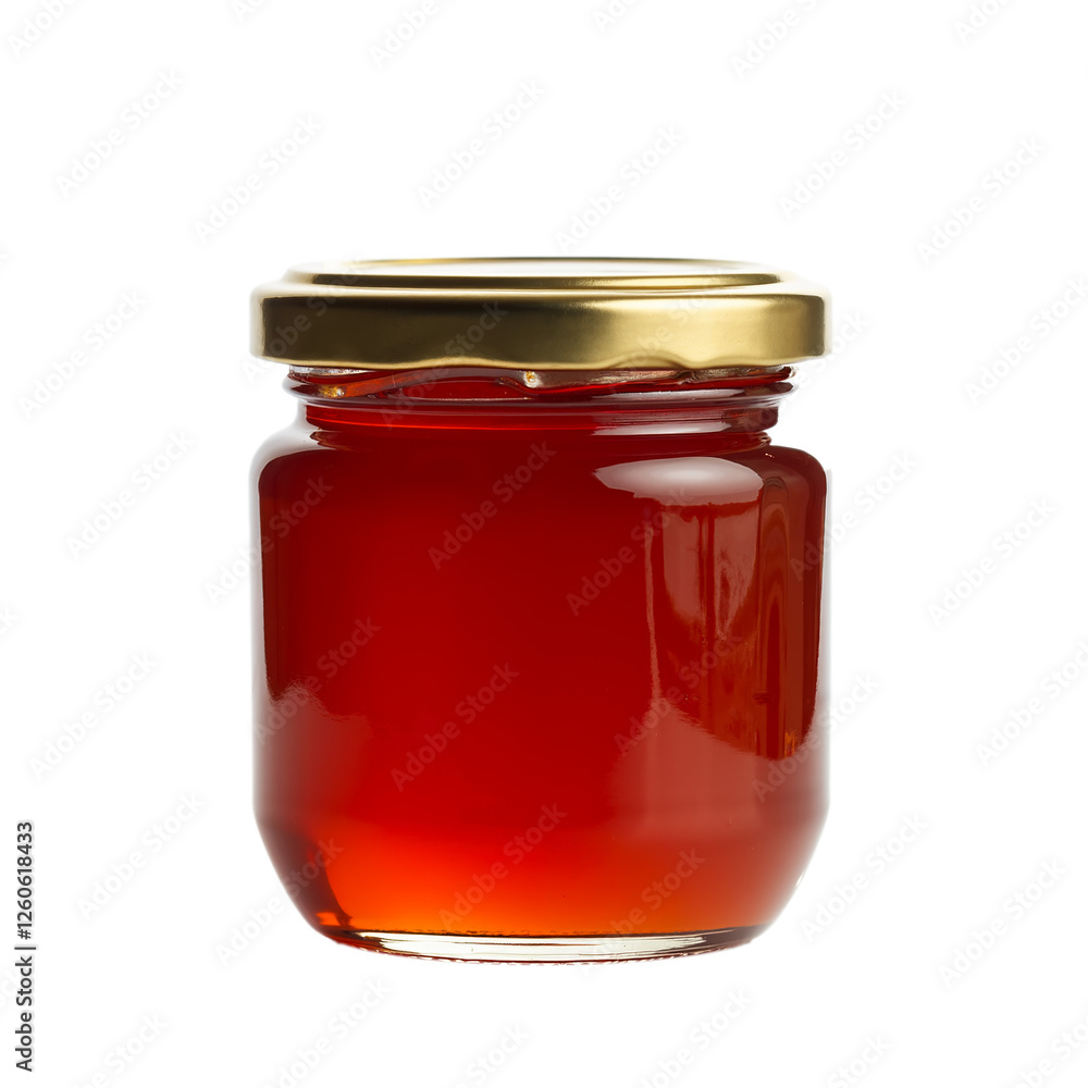 Transparent jar of rich amber-colored honey with a golden lid standing on a white background, perfect for culinary uses and health remedies Transparent jar of rich amber-colored honey with a golden lid standing on a white background, perfect for culinary uses and health remedies