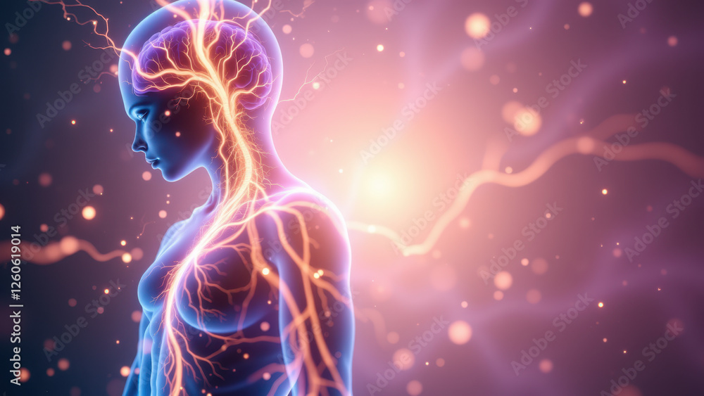 Vagus Nerve Stimulation - Illustrative medical concept of a human body with illuminated organs focused on the Vagus nerve. Vagus Nerve Stimulation - Illustrative medical concept of a human body with illuminated organs focused on the Vagus nerve.