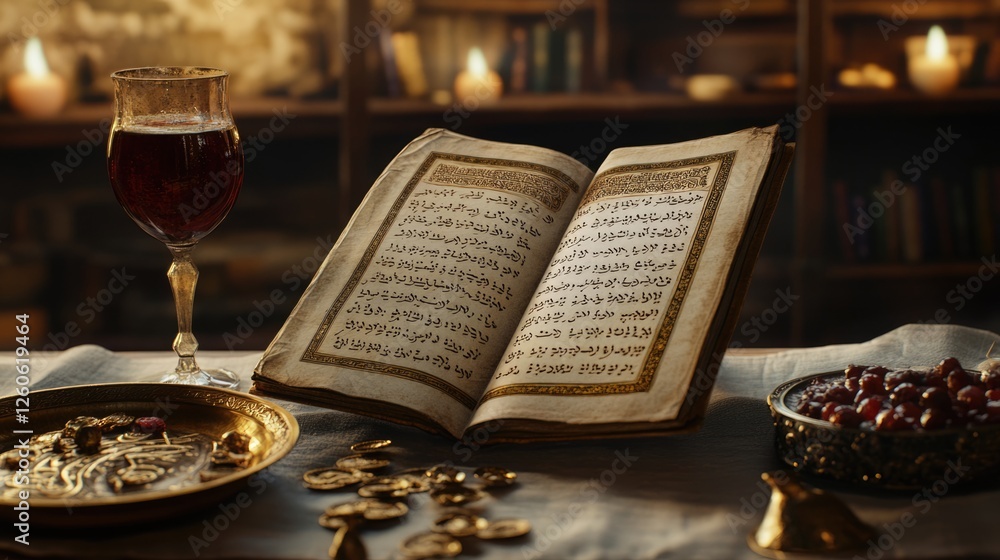 Fototapeta premium Ancient Arabic Text with Gold Coins, Wine, and Pomegranates