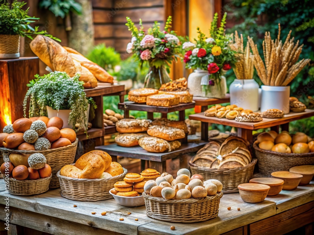 Fototapeta premium Delicious Wedding Buffet Bread Selection: Crusty Loaves & Rolls