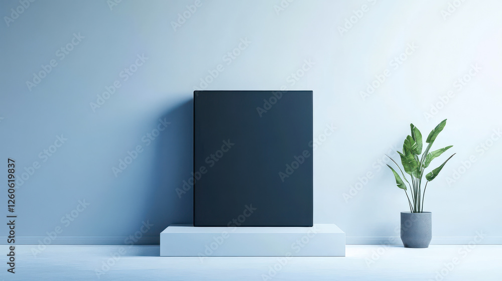 A minimalistic scene featuring a black square object on a white pedestal against a light wall, accompanied by a green potted plant. A minimalistic scene featuring a black square object on a white pedestal against a light wall, accompanied by a green potted plant.