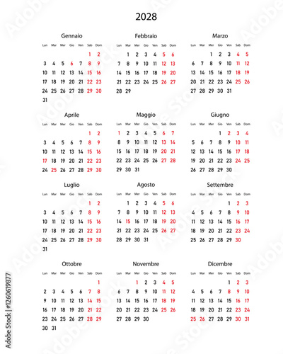 2028 calendar minimalist on Italian language with italian holidays. Week start on Monday.	