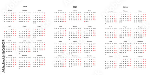2026, 2027, 2028 calendar minimalist on Italian language with italian holidays. Week start on Monday.	