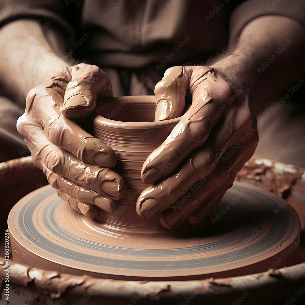 A close-up view of a shaping clay on the pottery wheel with old hands A close-up view of a shaping clay on the pottery wheel with old hands