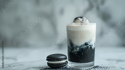 Stylish monochrome: Black sesame drink with a matching macaron for a modern dessert experience.