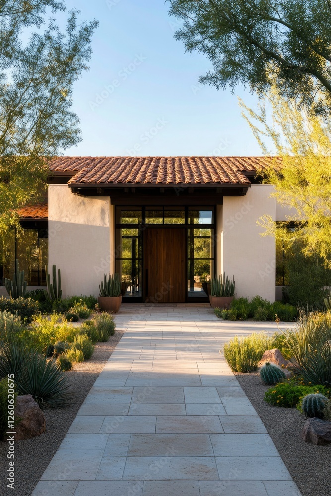 Elegant home entrance with pathway amid desert garden; for real estate marketing Elegant home entrance with pathway amid desert garden; for real estate marketing