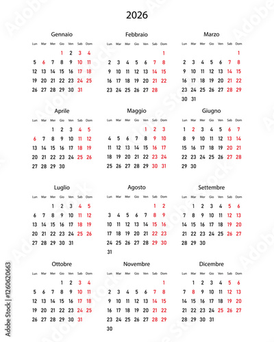 2026 calendar minimalist on Italian language with italian holidays. Week start on Monday.	