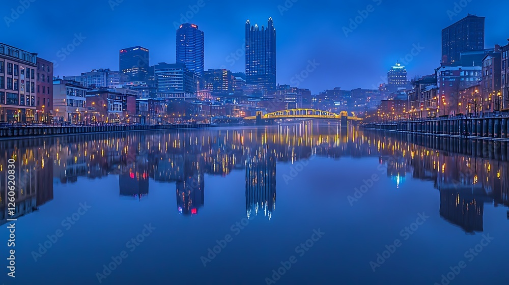 Fototapeta premium Cityscape dawn reflection, river, buildings, lights