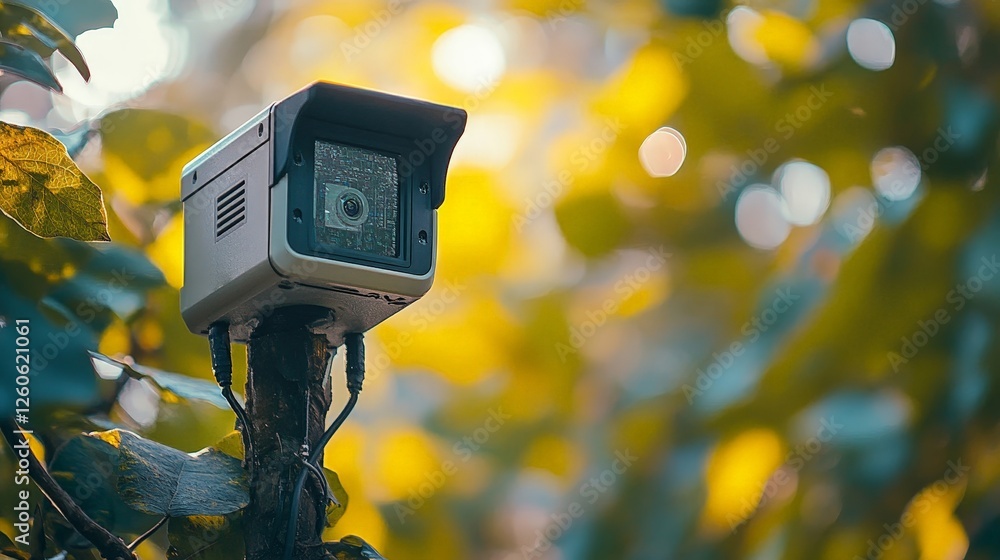 A Surveillance Camera Mounted on a Tree Amidst Nature's Greenery and Soft Light A Surveillance Camera Mounted on a Tree Amidst Nature's Greenery and Soft Light