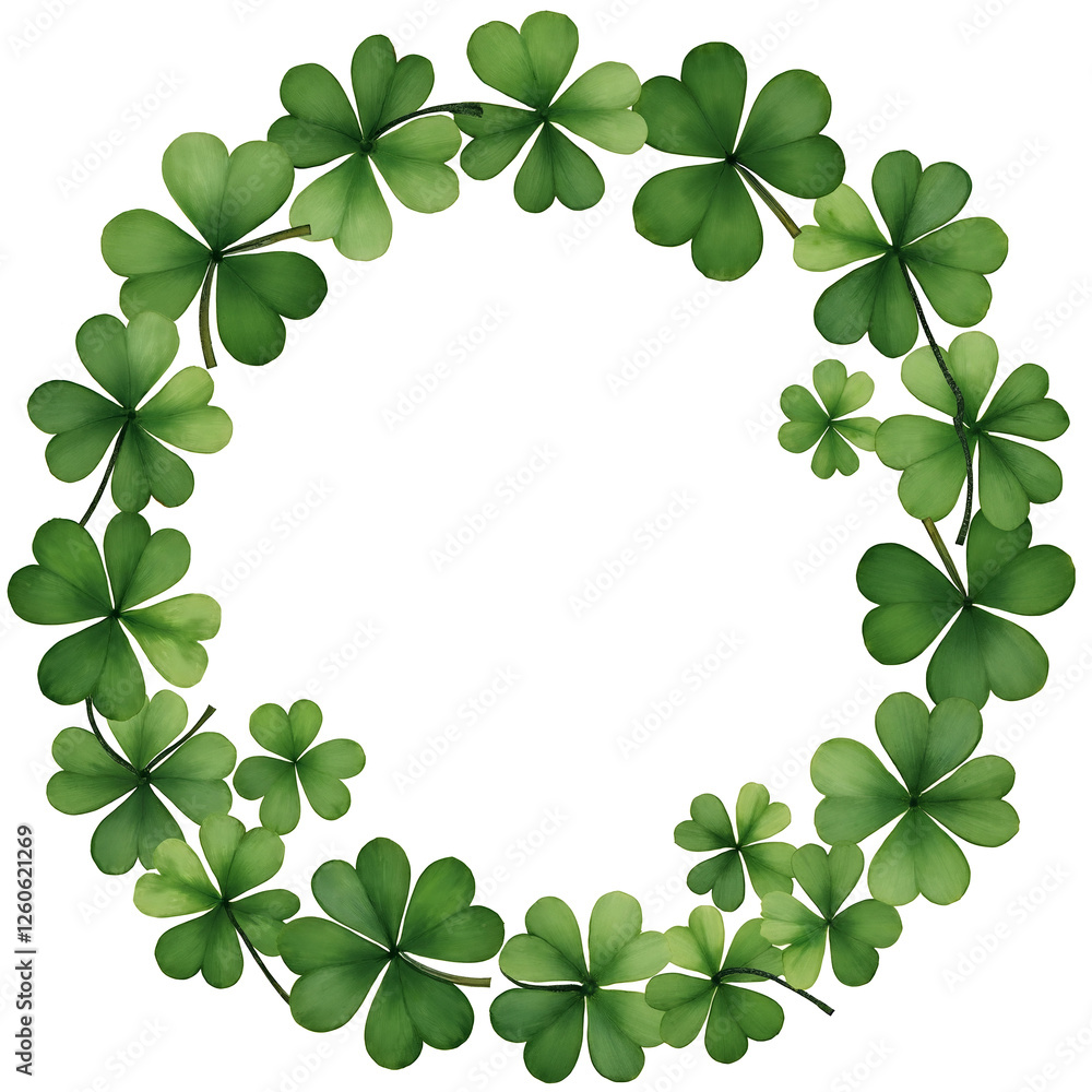 Beautiful circular wreath made of vibrant green clover leaves on white isolated background with transparent png format for decoration and celebration Beautiful circular wreath made of vibrant green clover leaves on white isolated background with transparent png format for decoration and celebration