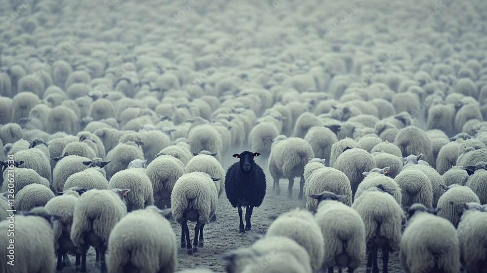 Obraz premium a single black sheep in white sheep