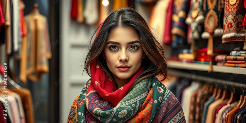 Obraz premium A stylish young middle eastern woman with a colorful scarf poses in a trendy boutique, exuding beauty and creativity, portrait, creativity, boutique