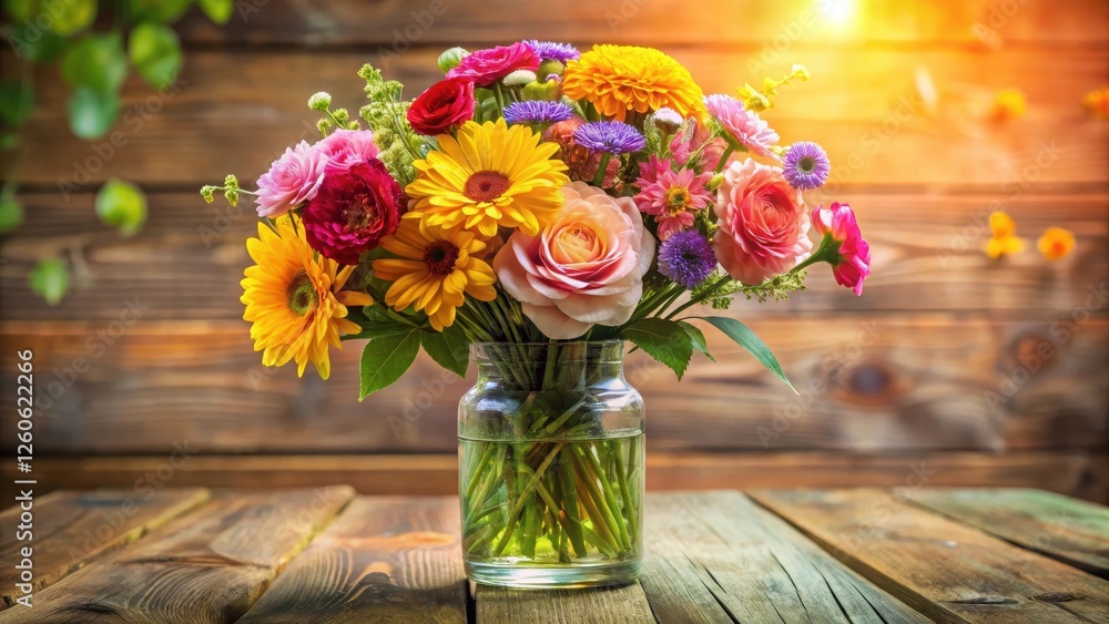 Beautiful bouquet of colorful flowers in a elegant glass vase on a wooden table , wooden table, bouquet Beautiful bouquet of colorful flowers in a elegant glass vase on a wooden table , wooden table, bouquet