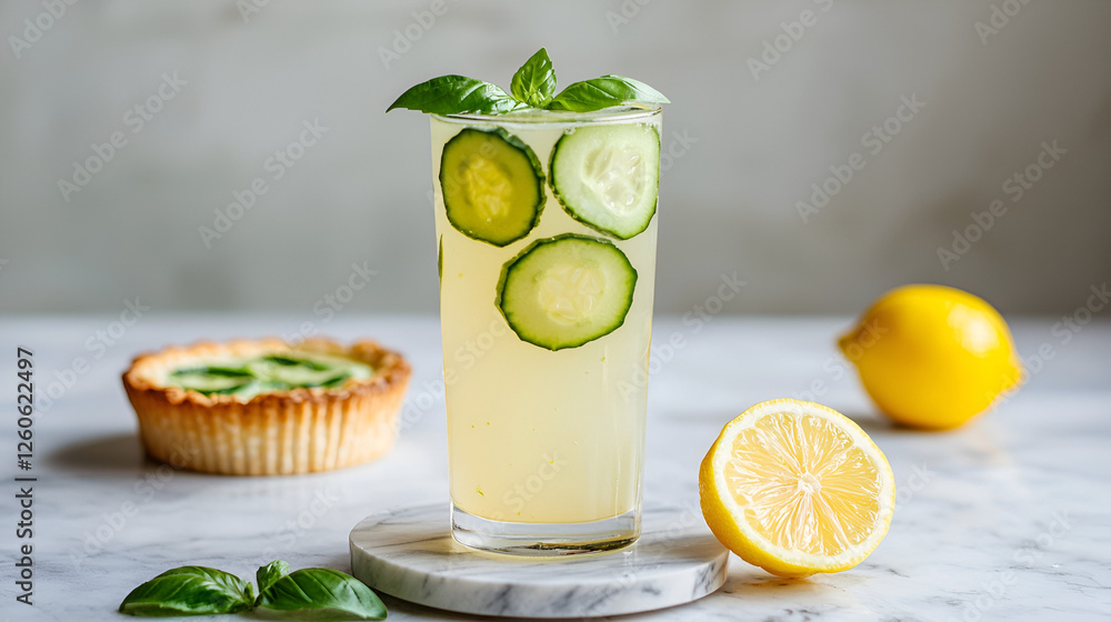 Refreshing cucumber and lemon drink with basil on a marble surface next to a lemon tart. Refreshing cucumber and lemon drink with basil on a marble surface next to a lemon tart.